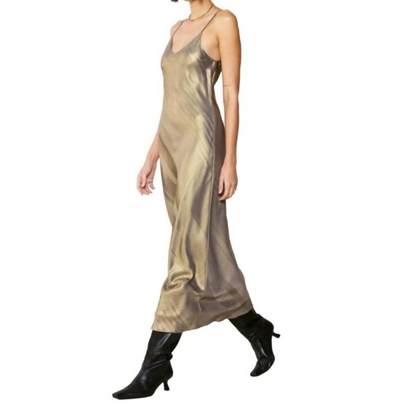 CURRENT AIR Anthropologie bias long dress gold metallic spaghetti strap large